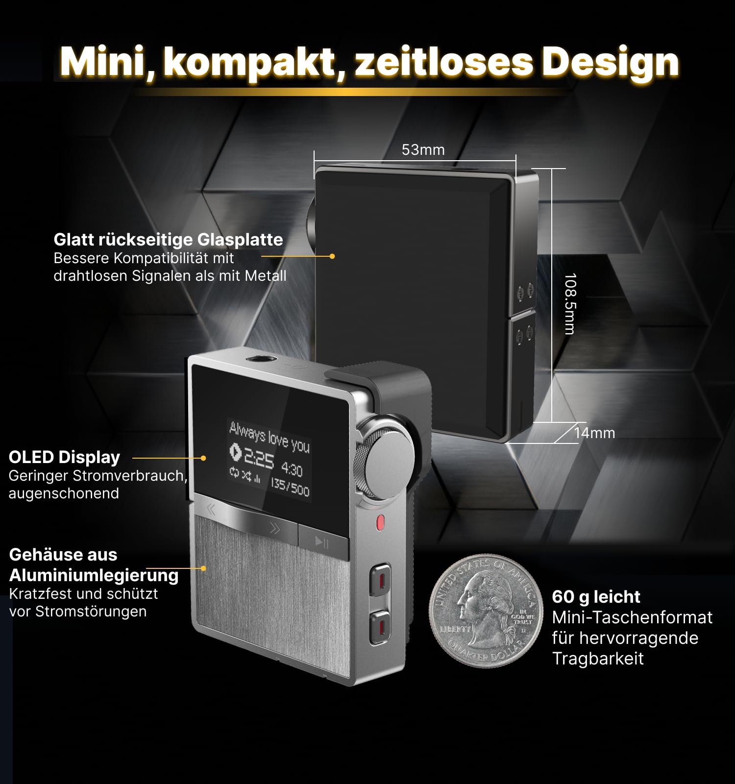 Hmusic P68 HiFi-MP3-Player mit Clip, verlustfreier DSD-Musik-Player | Hoher Auflösung, Bluetooth, tragbarer Hi-Res-Audio-Player mit 16 GB Speicherkarte, unterstützt bis zu 128GB HiFi-Musik-Player