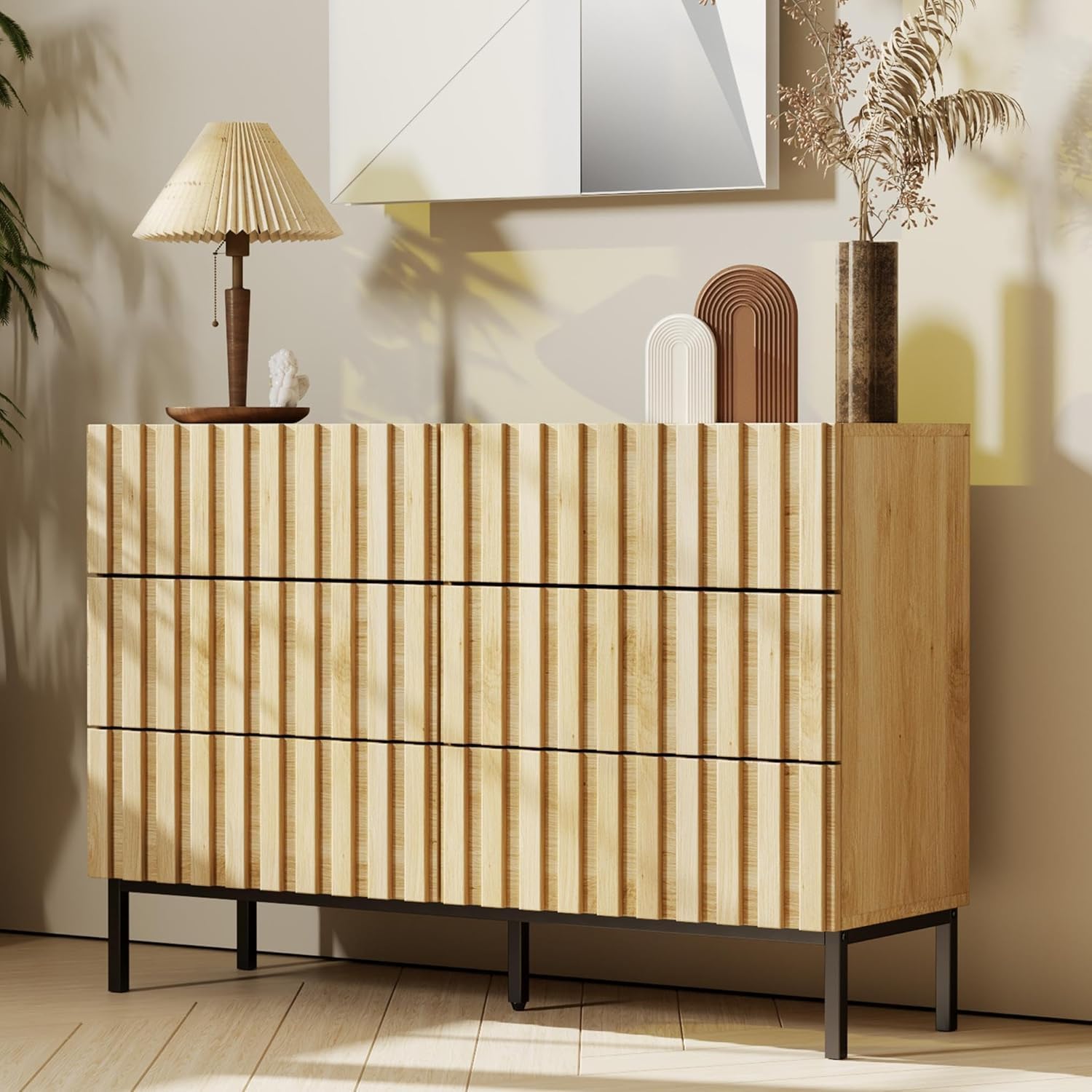 UEV 6 Drawer Chest of Drawers – Modern Vertical Storage Unit with Wood Slat Design, Metal Legs and Handleless Front for Bedroom or Hallway, Ivory White — image 1
