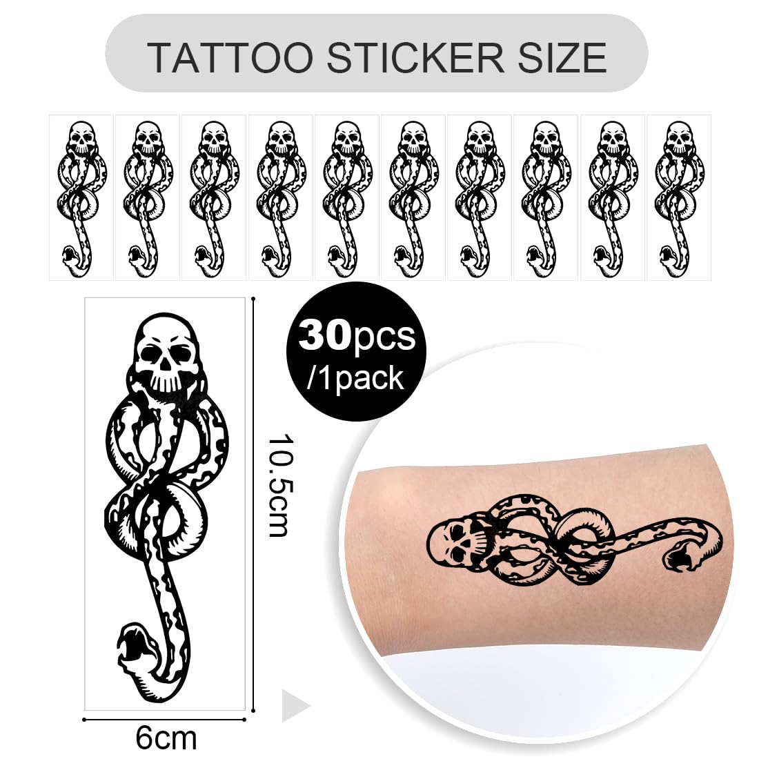 Bluelves 30 fogli Mangiamorte Mangiatore oscuro Tatuaggi,Tatuaggi con il simbolo dei Mangiamorte di Harry Potter, Marchio Nero Mangiamorte Tatuaggi temporanei, Serpente Mangiamorte