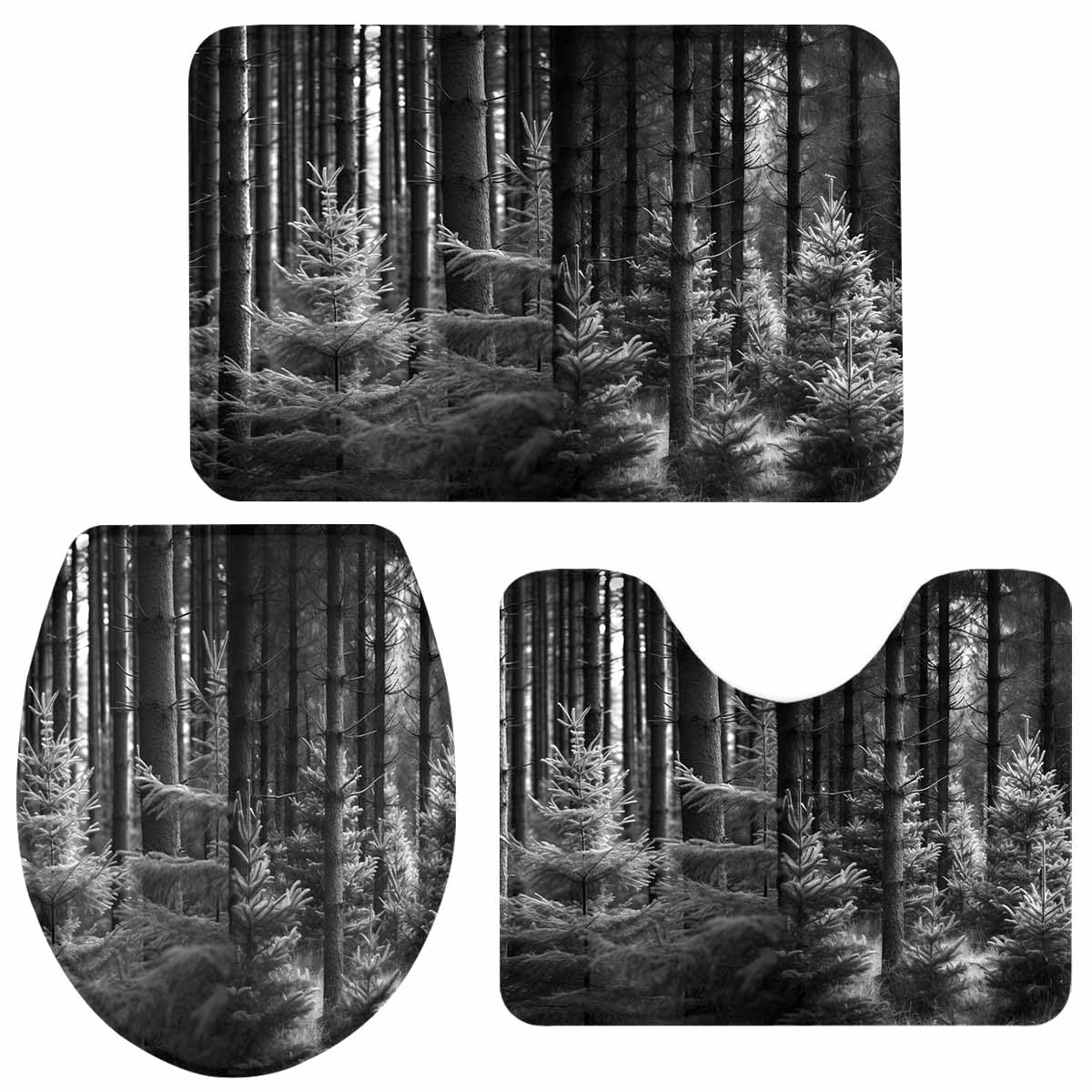 Summer Bathroom Rugs Mat Sets 3 Piece, Black Forest Pine Trees Absorbent Bathroom Decor Mat Set with Non-Slip Rug, Toilet Lid Cover and Bath Floor