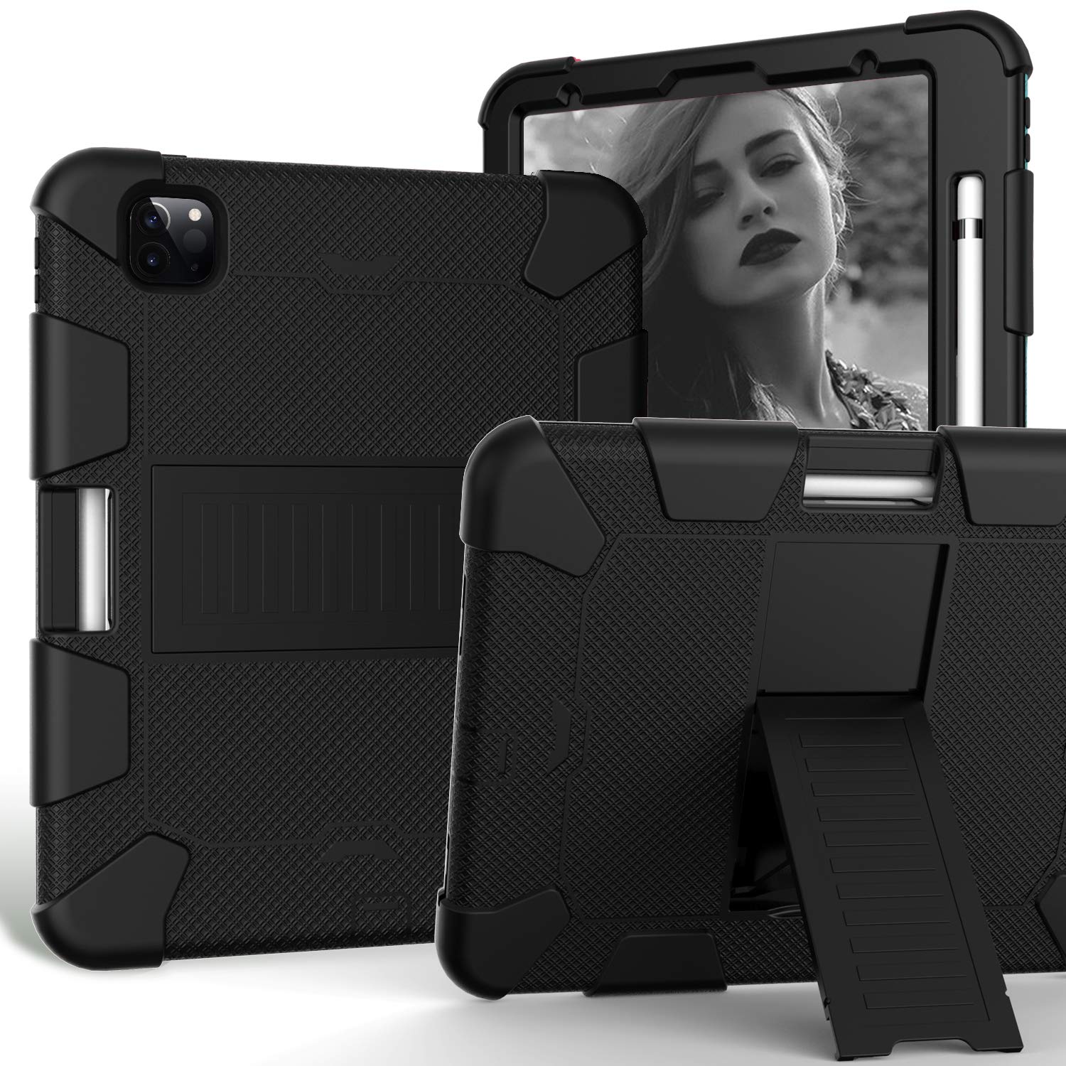 New iPad Pro 11 inch 2020 Case 2nd Generation, Hybrid Heavy Duty Defender Shockproof Protective with Built-in Kickstand for Apple iPad Pro 11” 2020 (Black/Black)