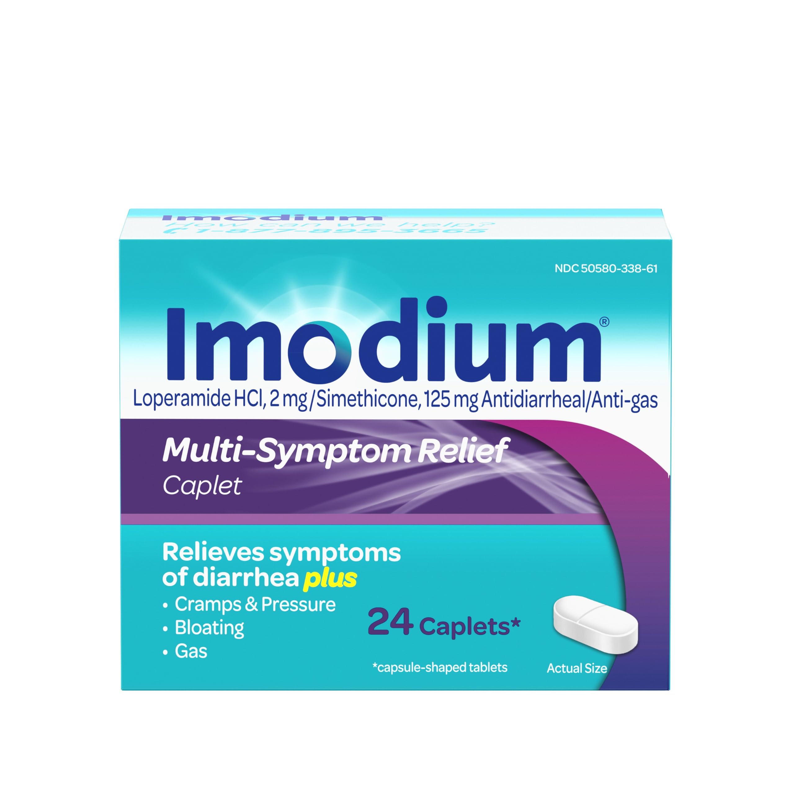 Imodium Multi-Symptom Anti-Diarrheal Caplets with 2mg Loperamide Hydrochloride and Simethicone for Fast Acting Relief of Diarrhea Gas Cramps Bloating in Travel Size Caplets, 24 Ct
