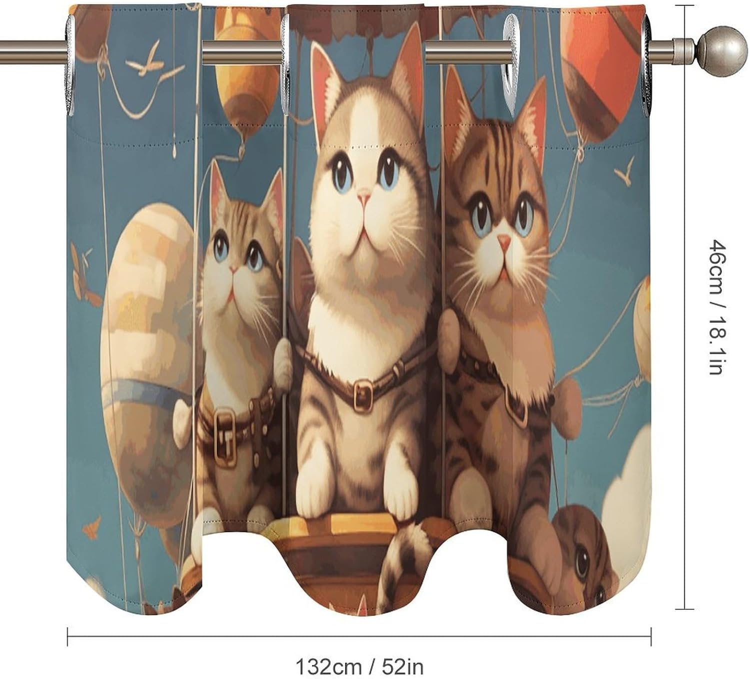 Cat and Hot Air Balloon Valance for Windows, 2 Pack Kitchen Curtains Modern Home Decor, Soft Blackout Window Curtains for Living Room & Bedroom, 18 X 52 Inch