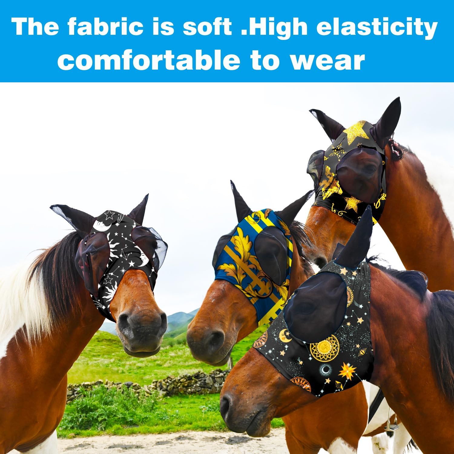 Super Comfort Fly Marsks for Horses of 8pcs Set-Horse FlyMask with Ears- Elasticity Fly Mask with UV Protection（Size：L