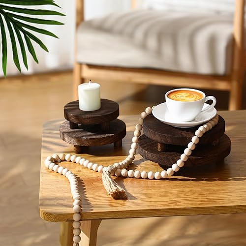 Miniatura 24 de Geetery 4 elevadores de madera para exhibición, soporte de pedestal de madera, soporte de mini bandeja redonda de madera, soporte de pedestal Marrón