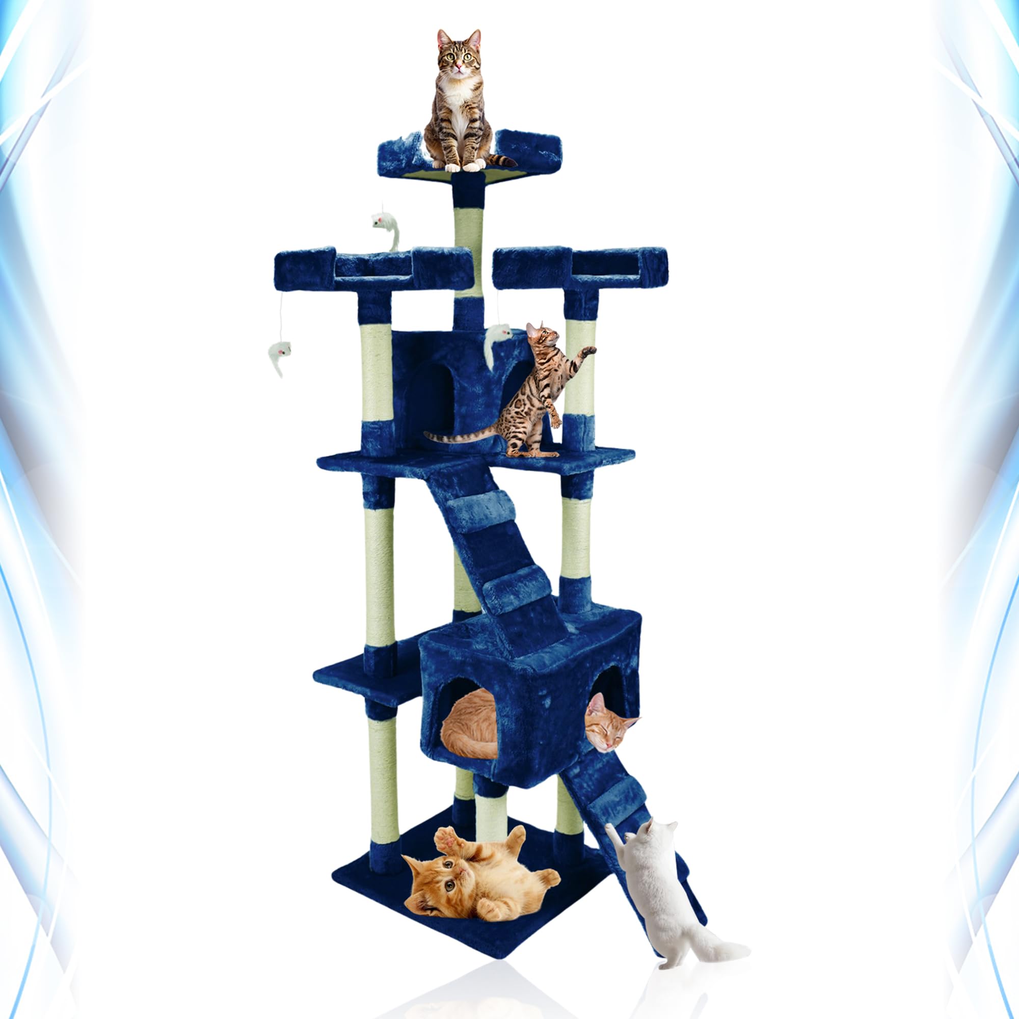 Abaseen 170cm Cat Tree Tower | Multilevel Climbing House with Condos & Ladder | Cat Activity Centre with Scratching Posts | Indoor Furniture for Large & Small Cats (Navy)