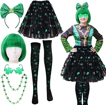 Mumufy 7 Pcs St. Patricks Day Outfits Leprechaun Costume Accessories for Women Tutu Skirt Green Wig Headband Glasses Socks