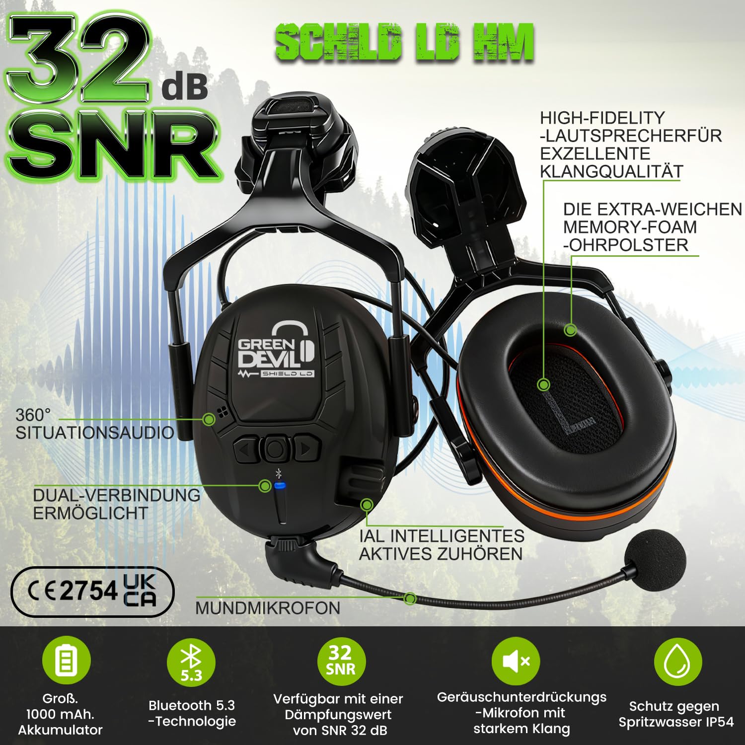 GREEN DEVIL VOLTEK Forest AIR Bluetooth Set - Forst- & Höhenarbeits-Schutzhelm EN12492 Zertifiziert, 5-in-1 System mit Metallnetzvisier & SNR 32dB Bluetooth Gehörschutz + Helmleuchte
