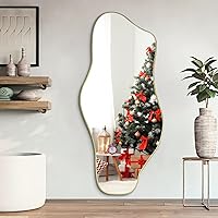 Vista 19 de Espejo irregular, 47.2 x 21.6 pulgadas, asimétricos sin marco, espejo de pared abstracto dorado, espejos modernos de forma única para sala de estar