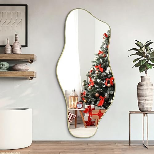 Miniatura 19 de Espejo irregular, 47.2 x 21.6 pulgadas, asimétricos sin marco, espejo de pared abstracto dorado, espejos modernos de forma única para sala de estar,