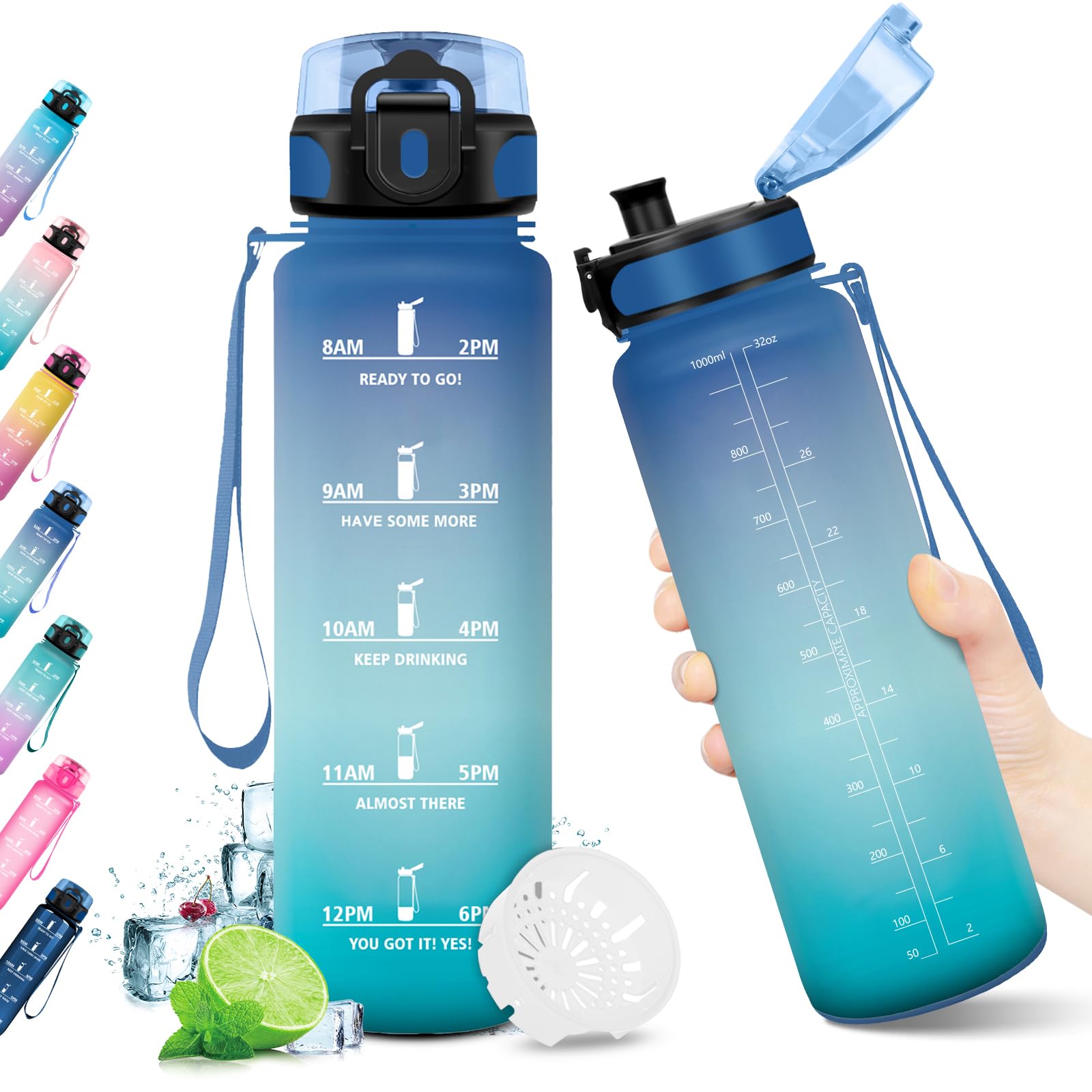 KollyKolla 1L Motivational Water Bottle, Leak Free, Gym, Running, Yoga, Office, 1000ml, BPA Free, Plastic, 1 Click Open, Time Indicator
