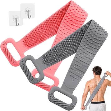 Manmihealth Silicone Back Scrubber for Shower, 36 Extendable Back Washer with Long Strap Handle, Dual-Sided Silicone Body Brush for Men and Women Gray+Pink