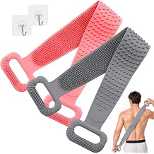 Manmihealth Silicone Back Scrubber for Shower, 36 Extendable Back Washer with Long Strap Handle, Dual-Sided Silicone Body Brush for Men and Women Gray+Pink