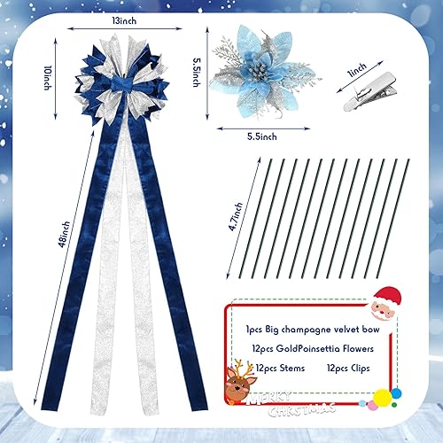 Miniatura 10 de Juego de lazo para decoración de árbol de Navidad de 10 x 13 pulgadas, lazo de terciopelo grande con serpentinas largas, lazo en forma de flor de