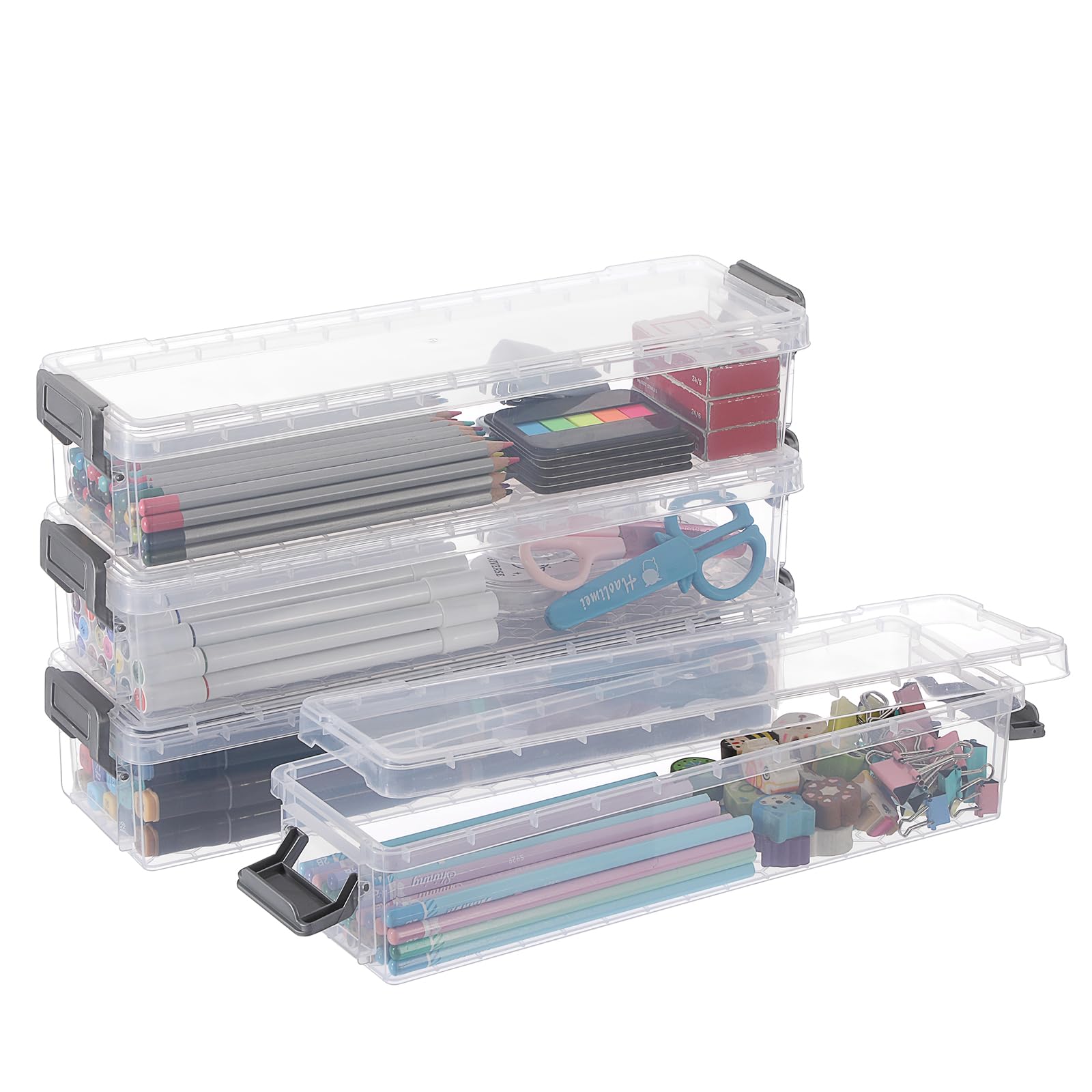 BTSKY Paquete de 4 cajas de almacenamiento transparentes para lápices, cajas rectangulares multifuncionales de plástico para papelería, organizador transparente apilable, botón gris, gris, moda