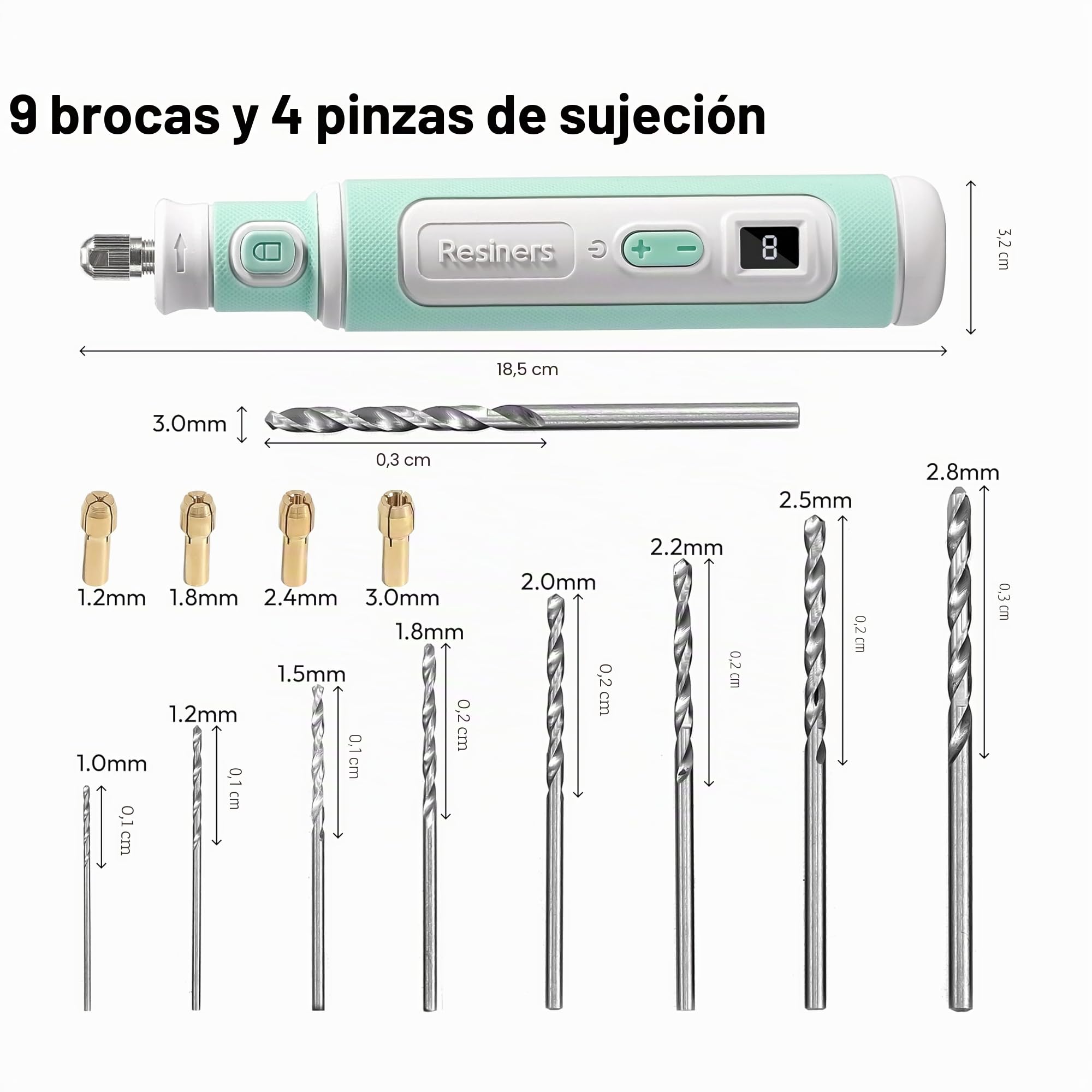 Resiners Juego de herramientas giratorias con batería, juego de brocas de resina, 8 niveles ajustables, 15 piezas eléctricas para hacer joyas para taladrar, pulir, lijar y lijar manualidades