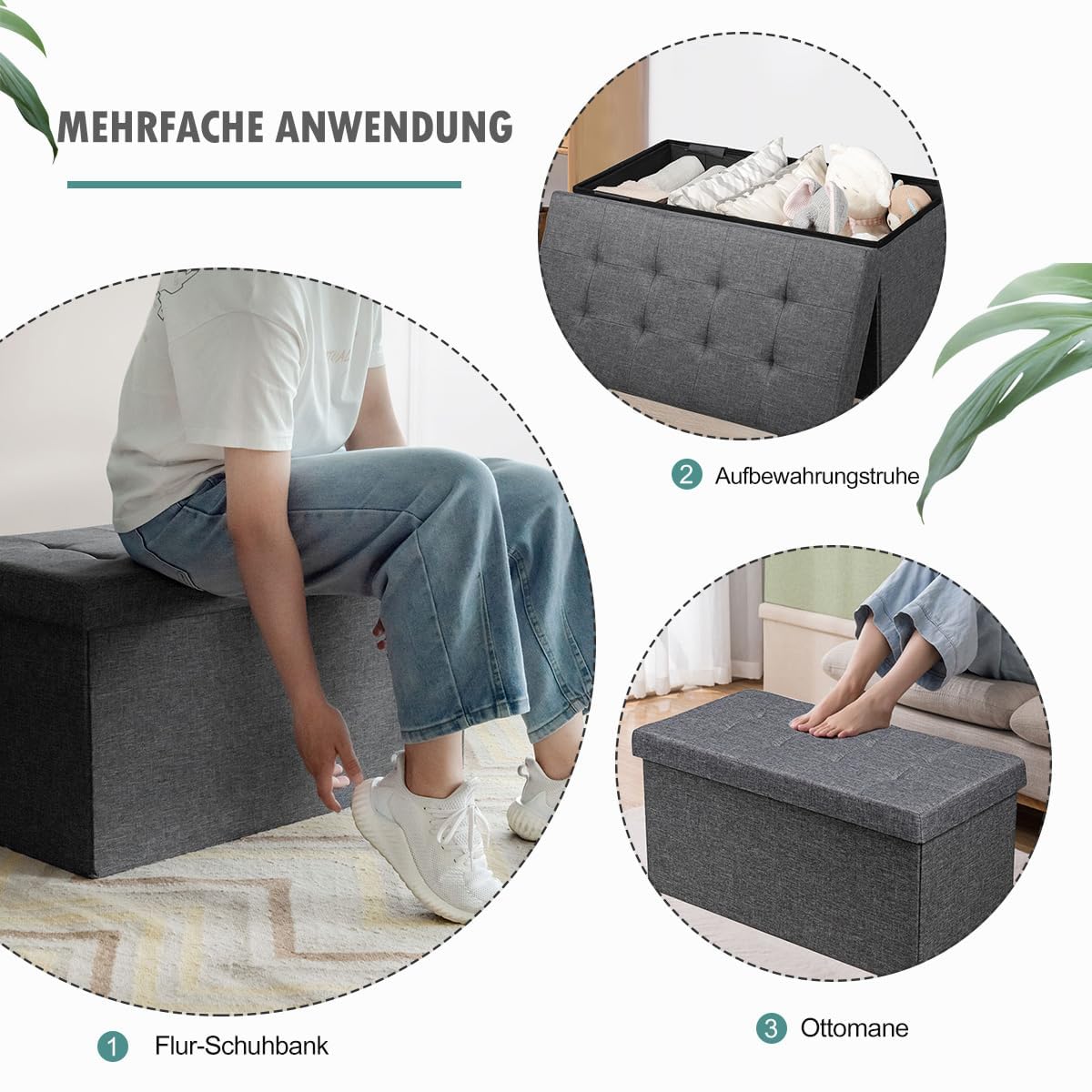 FANTASK Sitzhocker mit Stauraum, 80 cm x 40,5 cm x 40,5 cm Aufbewahrungsbox, klappbare Sitzbank, für Schlafzimmer & Eingangsbereich, dunkelgrau