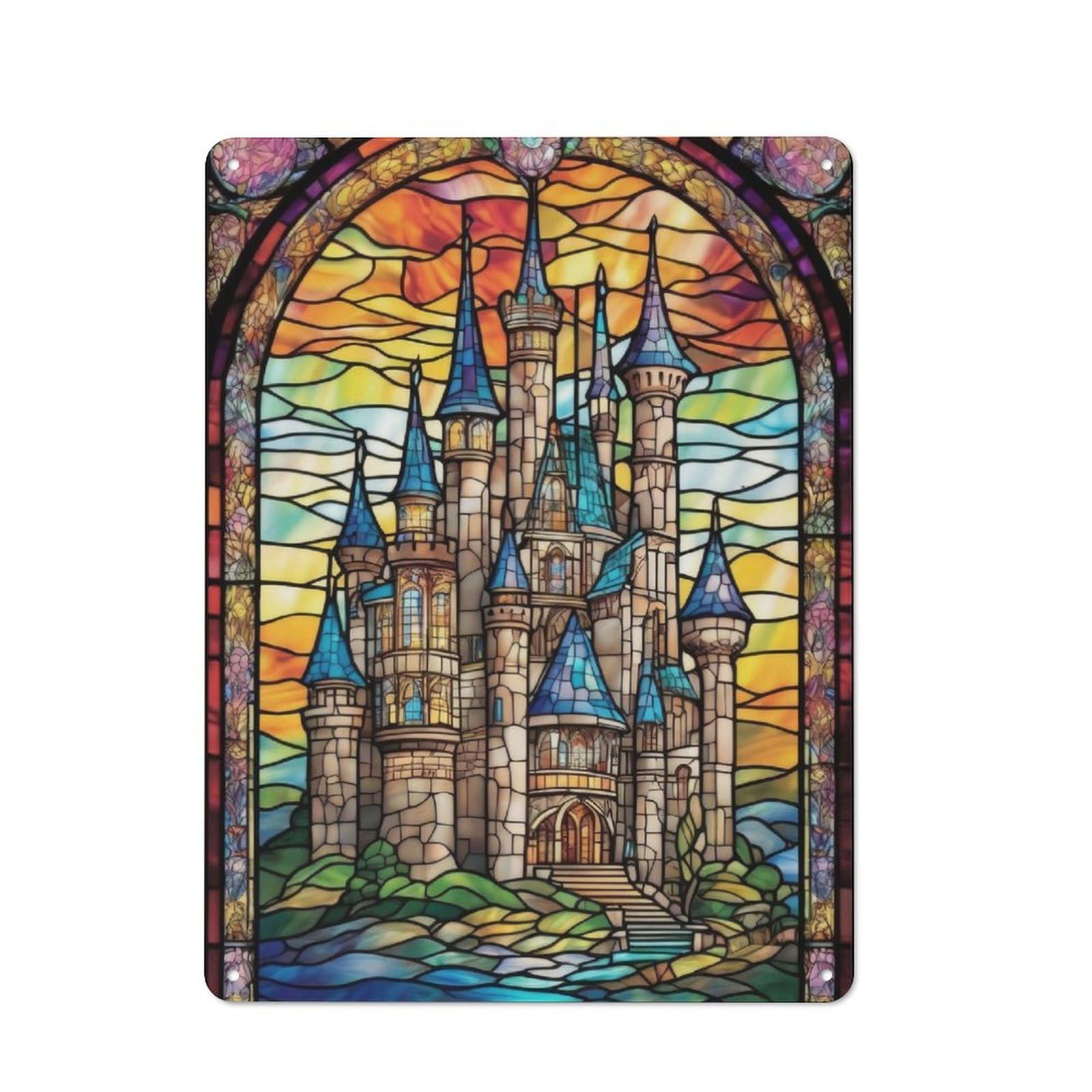Junmoney Stained Glass Castles-1 Stained Glass Castles Classic Metal Wall Decor 40X30cm, Metal Sign For Cafe, Pub, Workshop Or Home Bar, Small Accent For Blank Walls