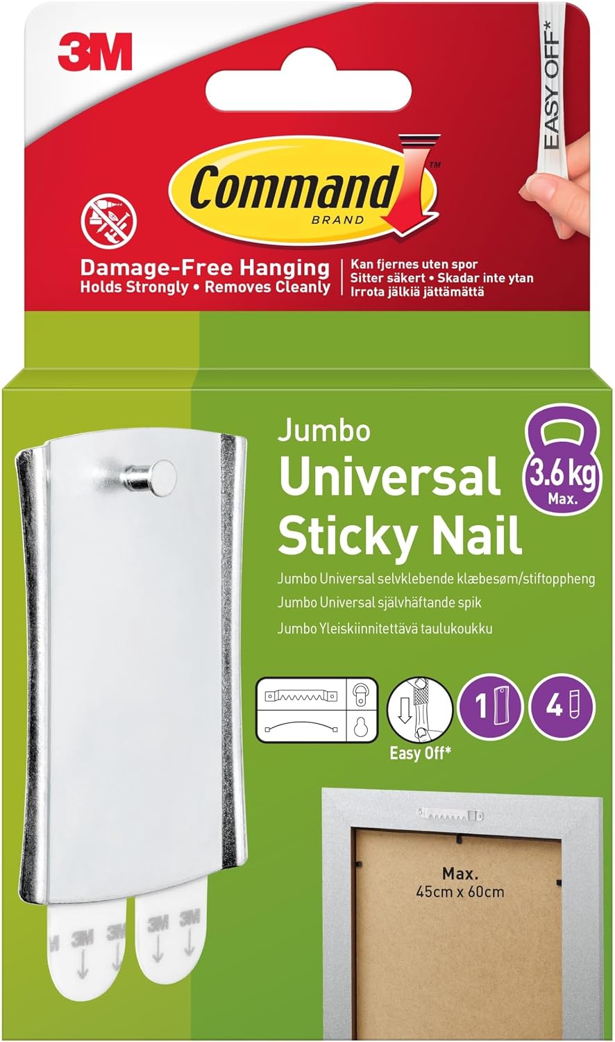 Command Large Metal Universal Picture Hanger, 1 Hook + 4 Adhesive Strips, Damage-Free Hanging for Frames, Mirrors, Wall Decor and Clocks, Holds 3.6 kg