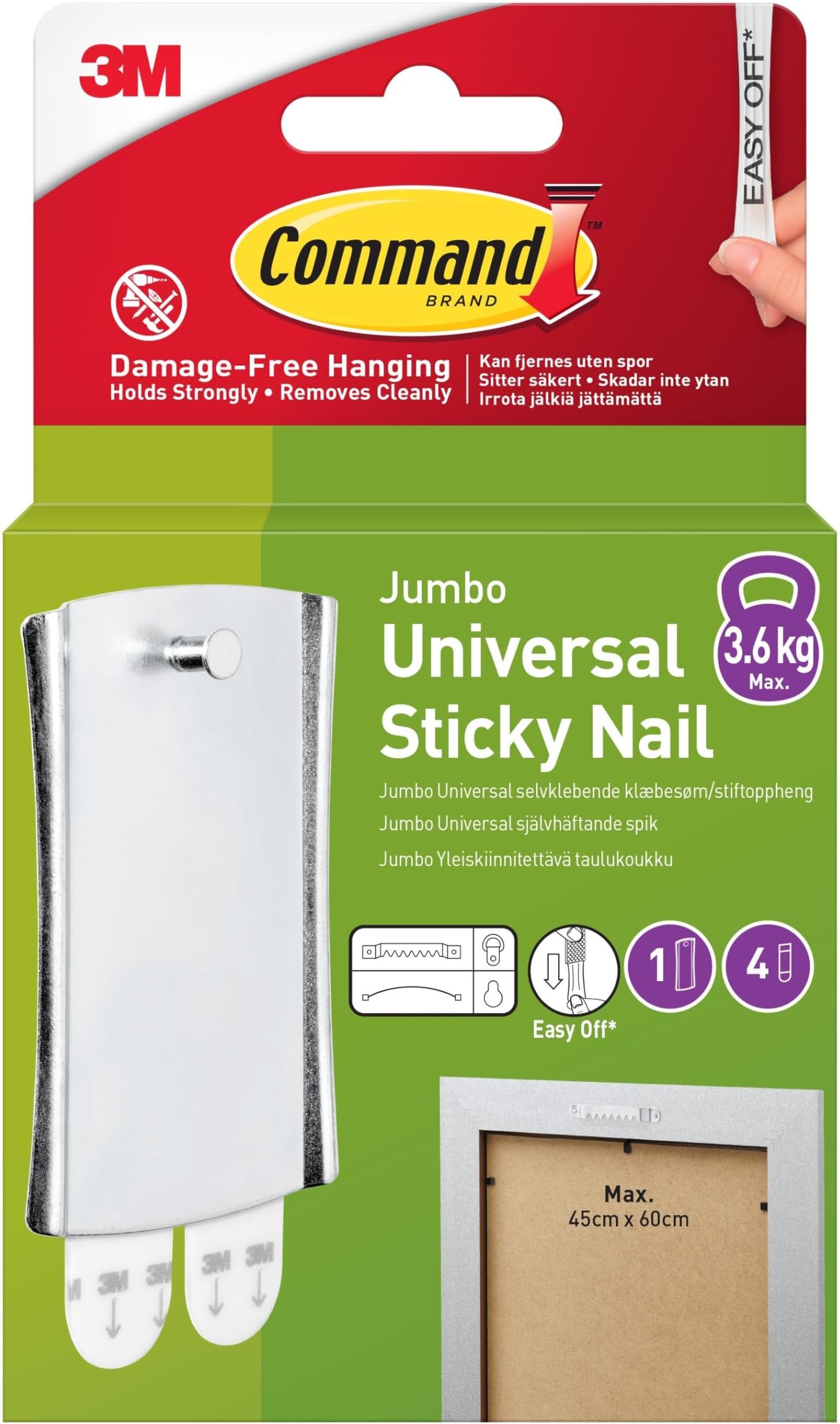 Large Metal Universal Picture Hanger, 1 Hook + 4 Adhesive Strips, Damage-Free Hanging for Frames, Mirrors, Wall Decor and Clocks, Holds 3.6 kg