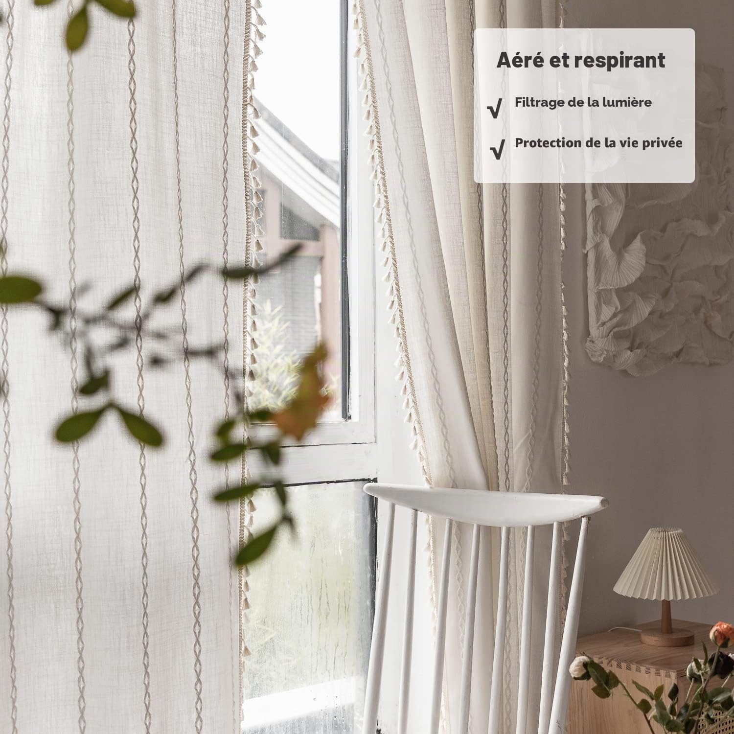 Rideaux de fenêtre Semi-occultants de Style bohème en Lin à Pompons avec Broderie pour Salon et Chambre à Coucher – Draperies avec Passe-Tringle 132,1 x 213,4 cm (l x L)