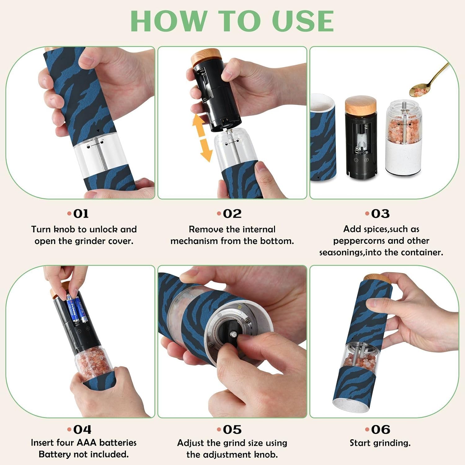 ALAZA Electric Pepper Grinder with Adjustable Coarseness, Black Blue Tiger Print Wild Animal Battery Automatic Salt and Pepper Mill with Led, One-Handed Operation Spice Grinder for Kitchen, Camping &