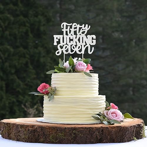 Miniatura 6 de LINGTEER Fifty Seven - Decoración divertida para tartas de diamantes de imitación plateados, con texto en inglés "Cheers to 57th Birthday 57 Years