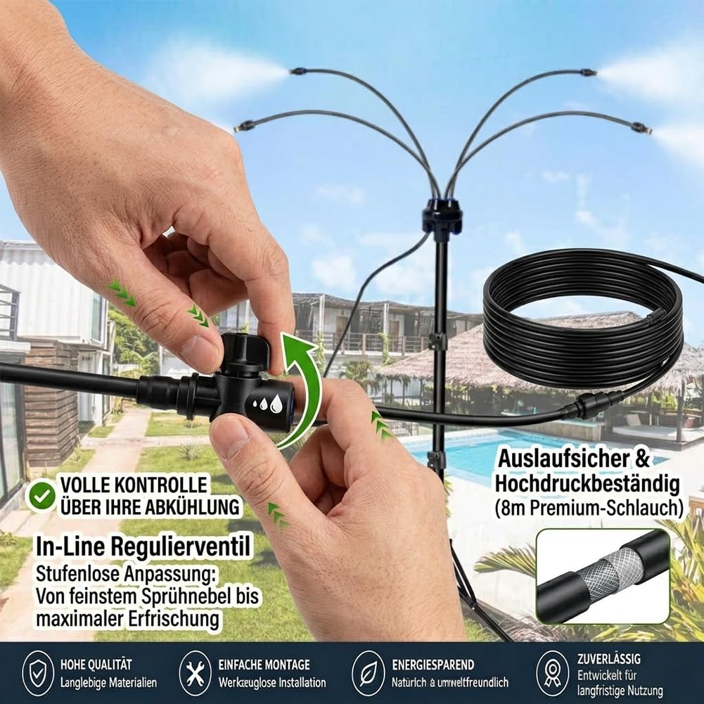 Sprühnebel Terrasse, Wassernebel Kühlung Terrasse mit 360° Drehbarem Arm - Höhenverstellbarer Tragbarer Sprühnebel Kühlung mit 8m Schlauch zum BBQ, Haustierkühlung, Pool & Hinterhof (2 Set)