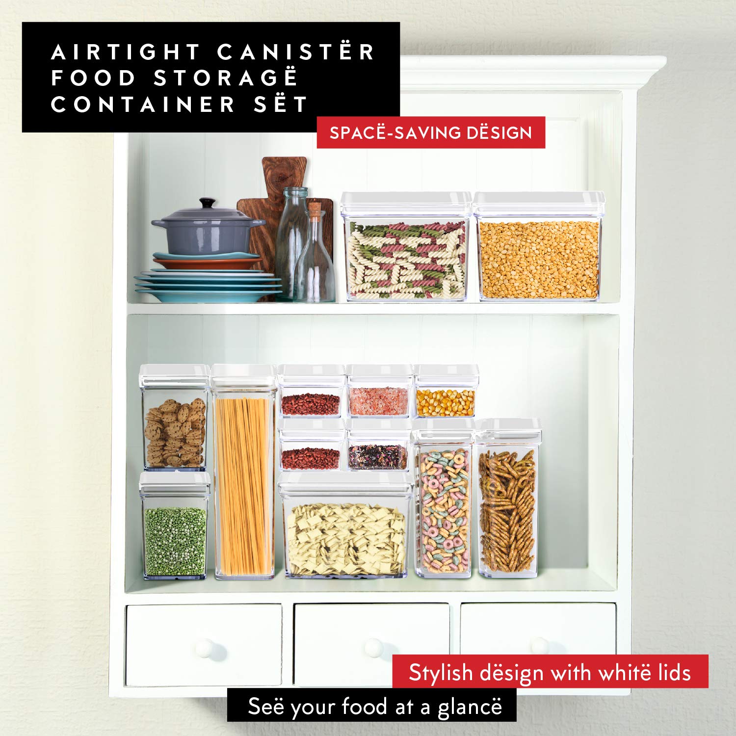 DWËLLZA KITCHEN Contenitori ermetici per alimenti, per dispensa, snack da cucina, forniture da forno, 1,8 kg zucchero e farina, set da 4 pezzi, tutte le stesse dimensioni, in plastica trasparente,