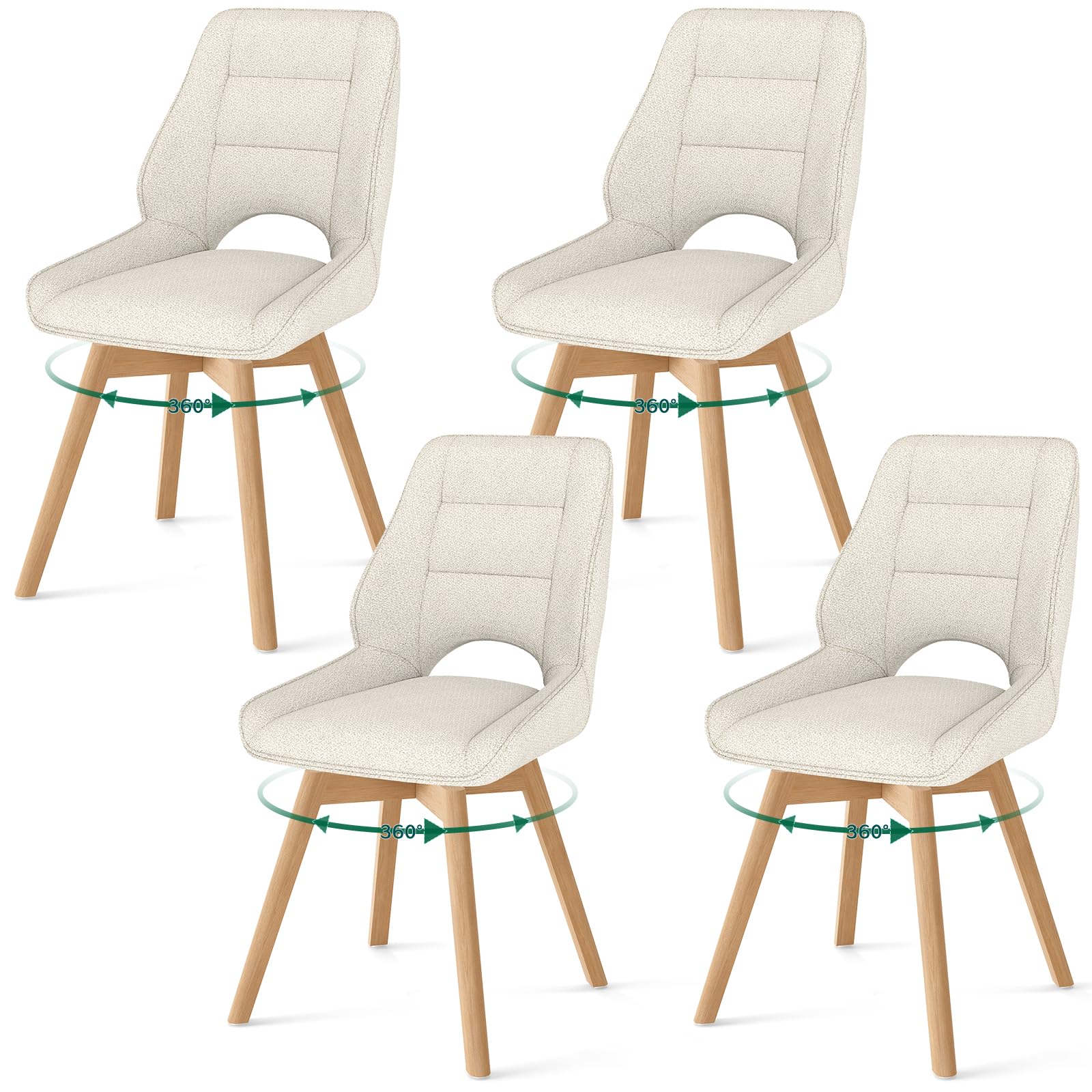 LONGTOO Dining Chairs Wooden Legs Set of 4 Rotates 360°, Dining Chairs with Low Armrests, Chair with Beech Legs Suitable for Dining Room, Kitchen, Living Room and Dressing Table,beige