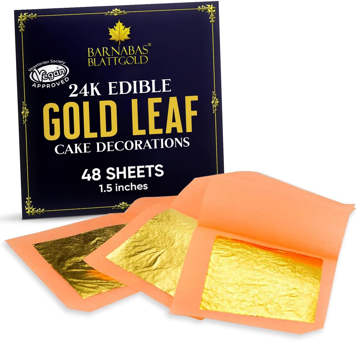 Real Edible Gold Leaf - 48 Count - Barnabas Gold - Professional Quality Gold Leaves - Loose Leaves for Cupcakes and Chocolates - 1.5 Inches Per Sheet - 48 Sheets