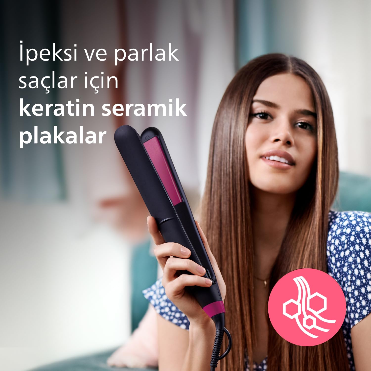 Prostownica Philips Straightcare Essential - Płytki z keratyną - Uniwersalne napięcie - Blokada płytek - 2 ustawienia temperatury - Długie płytki 100 mm - Czas nagrzewania 60 s - BHS375/00