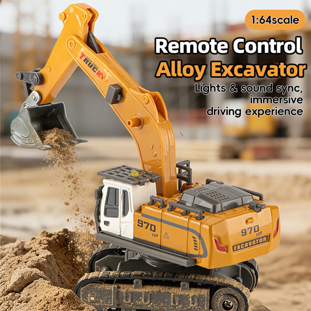 X-Verse 1:64 juguete de excavadora teledirigida, mini excavadora RC con luz y efectos de sonido, rotación de 320°, vehículo de construcción teledirigido para niños, juguete para niños, regalo