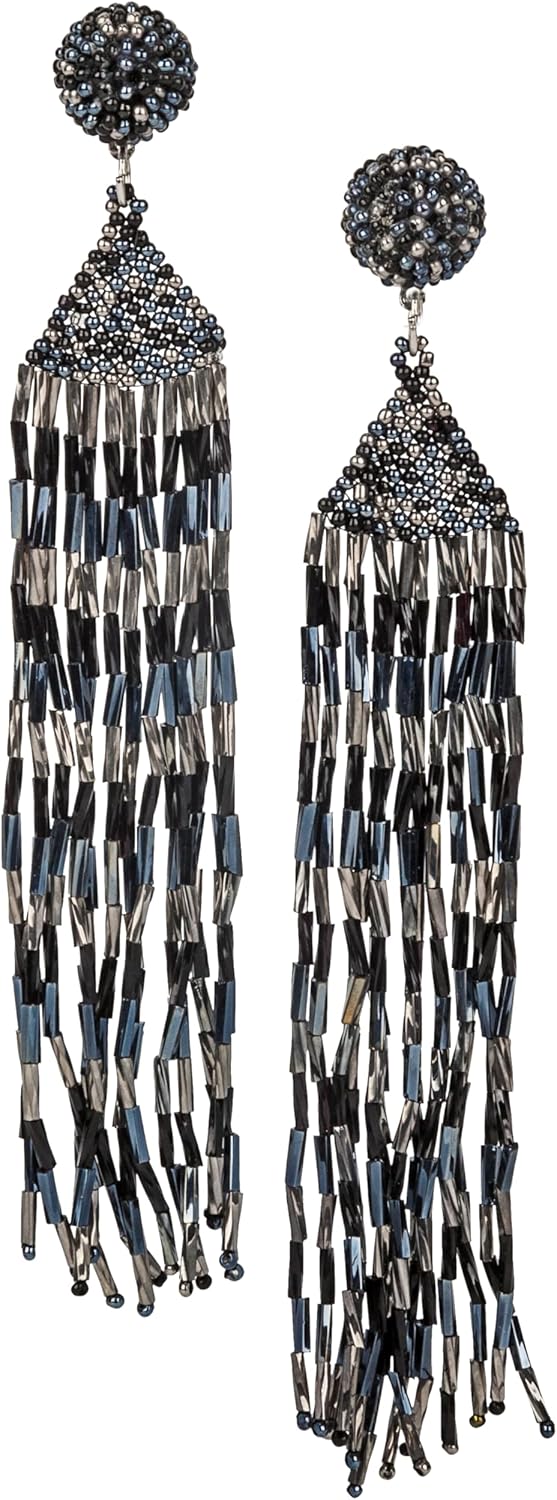 SPUNKYsoul Handmade Beaded Boho Earrings, Ombre Mixed Metallic Seed Bead Long Fringe Statement Earrings, Jewelry for the Modern Bohemian Women (BLACK & SILVER)