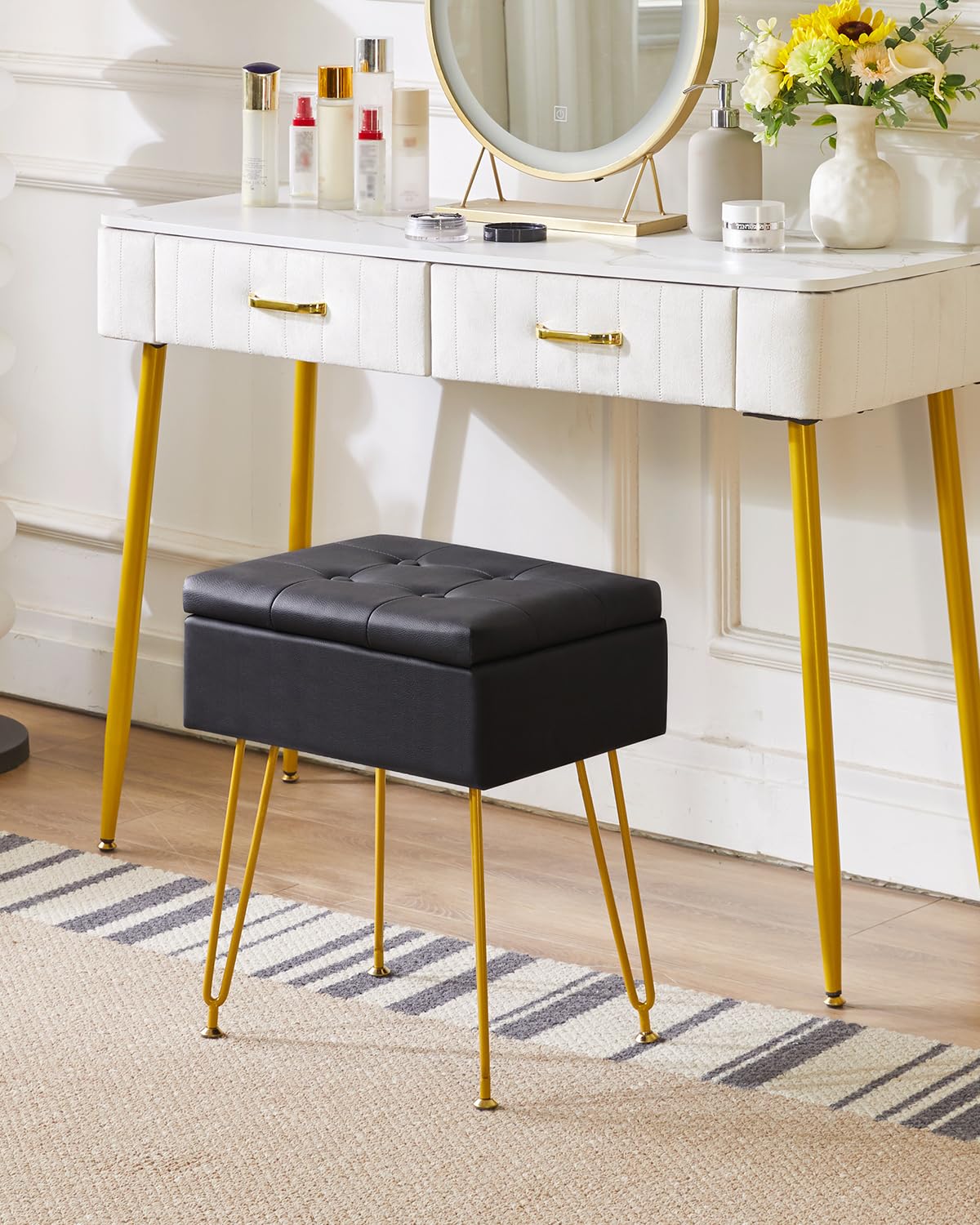 IBUYKE Multifunzionale Stoccaggio Vanity Sgabello con Flip Table, Gambe in Metallo Regolabili & Pelle PU - 40x30x48cm Poggiapiedi ottomano per Trucco, Soggiorno, Ingresso Nero WBD014B