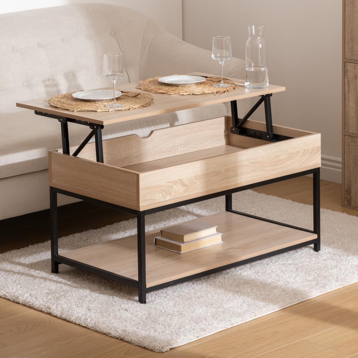 5five Aliaj Couchtisch mit Hubfunktion 95x50x51 cm Eichenoptik schwarzes Metall Schublade Stauraum