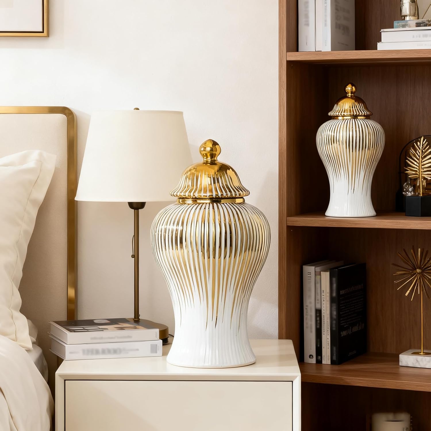 White and Gold Vases for Centerpieces,White Gold Ginger Jars for Home Decor,Large Gold Vases for Kitchen Counter,Vintage Vase with Lid, (White Gold-B, 16.5 in)