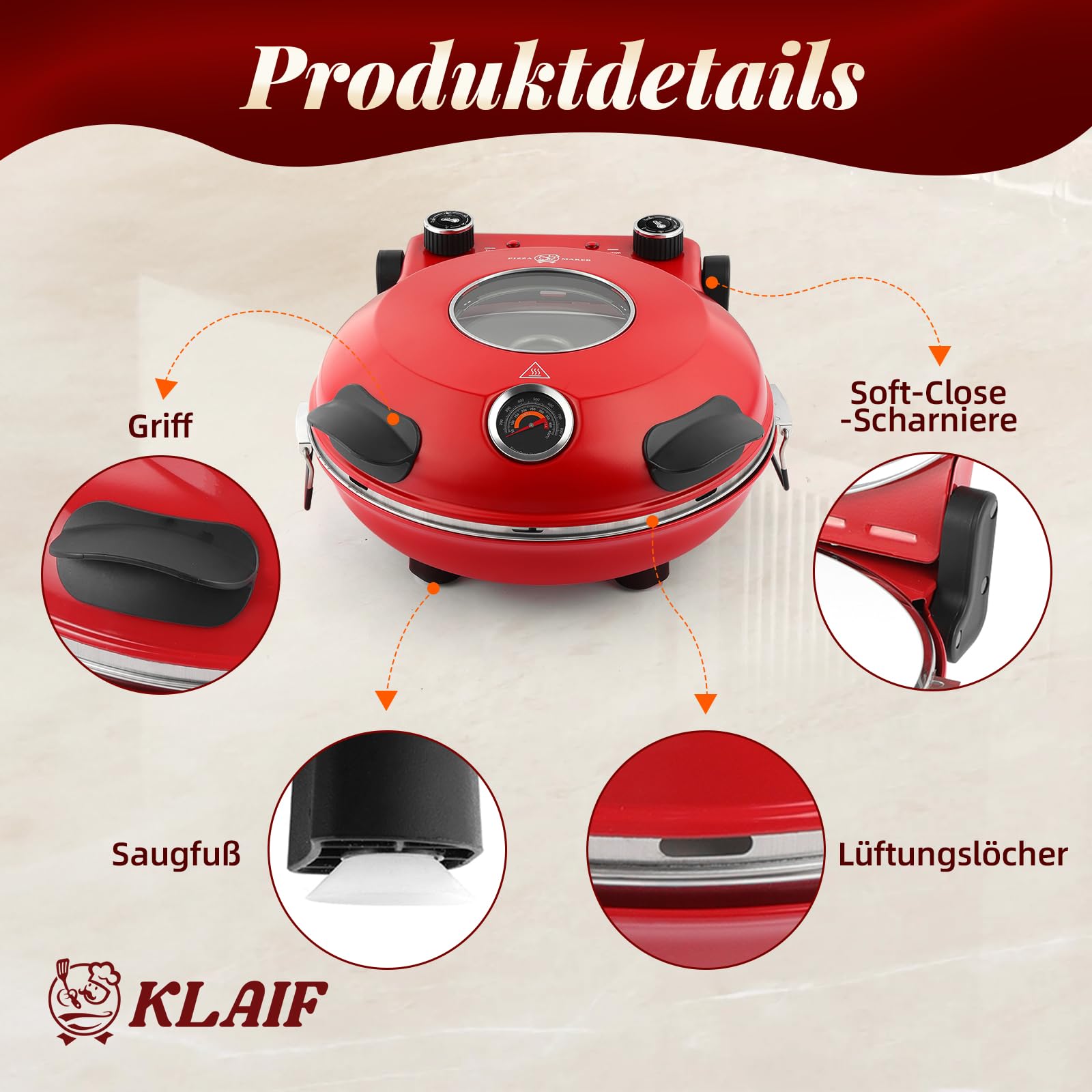KLAIF Elektrischer Pizzaofen 420 °C, separat regelbare Ober- und Unterhitze, 31 cm Keramik-Pizzastein, inkl. 4-teiligem Pizzazubehör-Set, 1200 W, Modell LMR-Rot