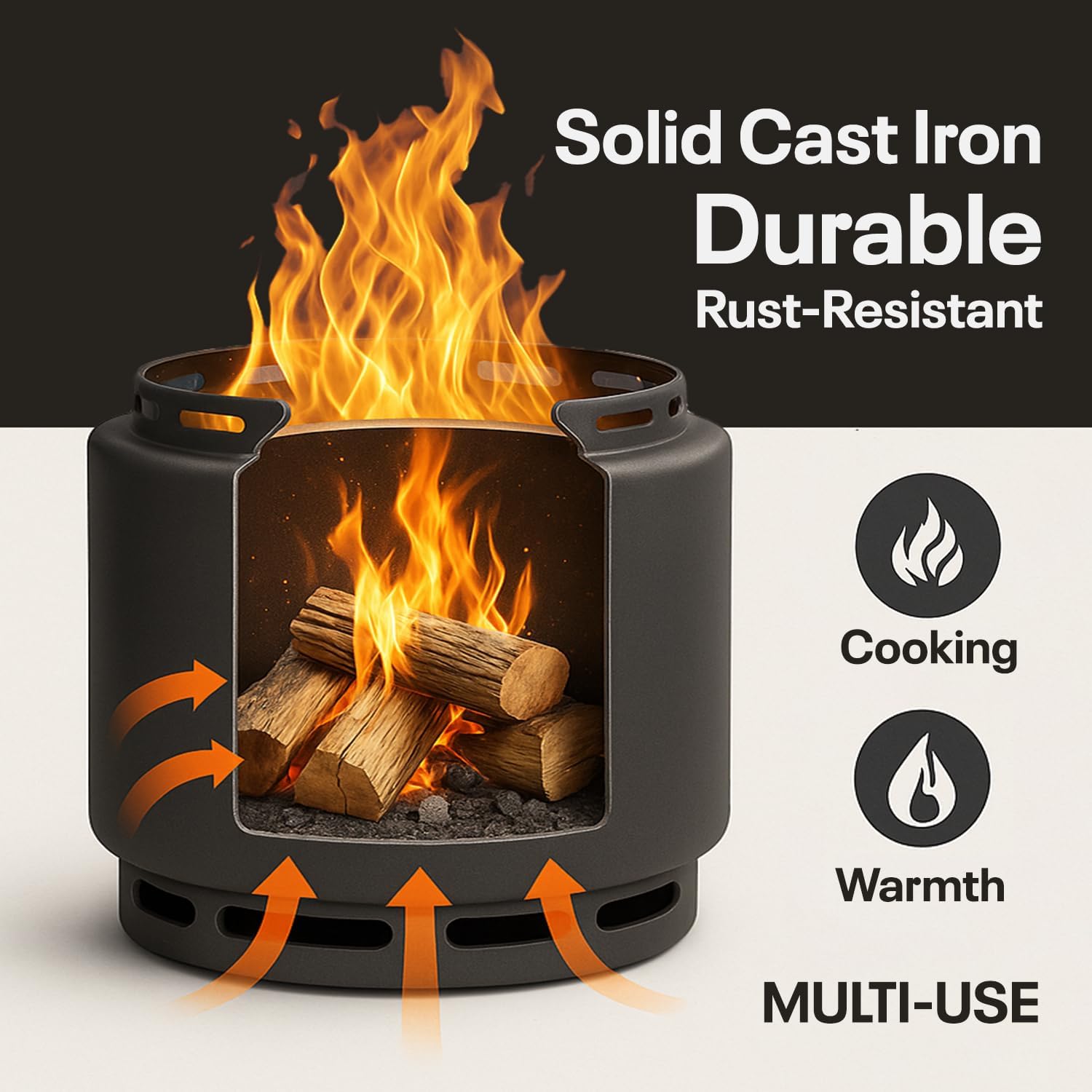 18" Smokeless Fire Pit with Removable Ash Pan, Fire Poker & Carry Bag - Portable Outdoor Fire Pit - Cast Iron - Wood Burning Lightweight Fireplace, Ideal for 4-6 People, 25 lbs