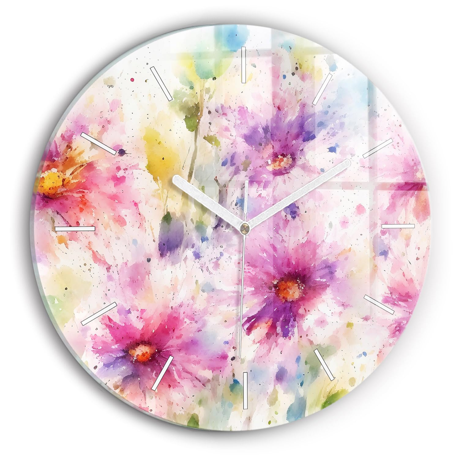 Horloge en verre pour salon élégant Wallfluent Fleurs Peintes 30 cm