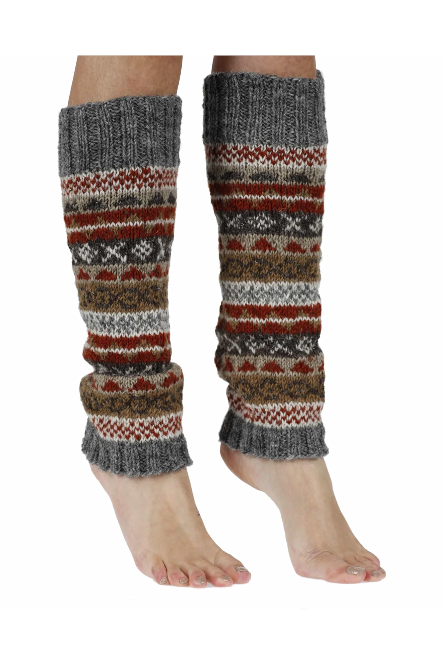 Women 100% Wool Legwarmer Handknitted Fair Isle Pattern Earth Multicoloured Regular Fit Handmade Extra Warm Fair Trade