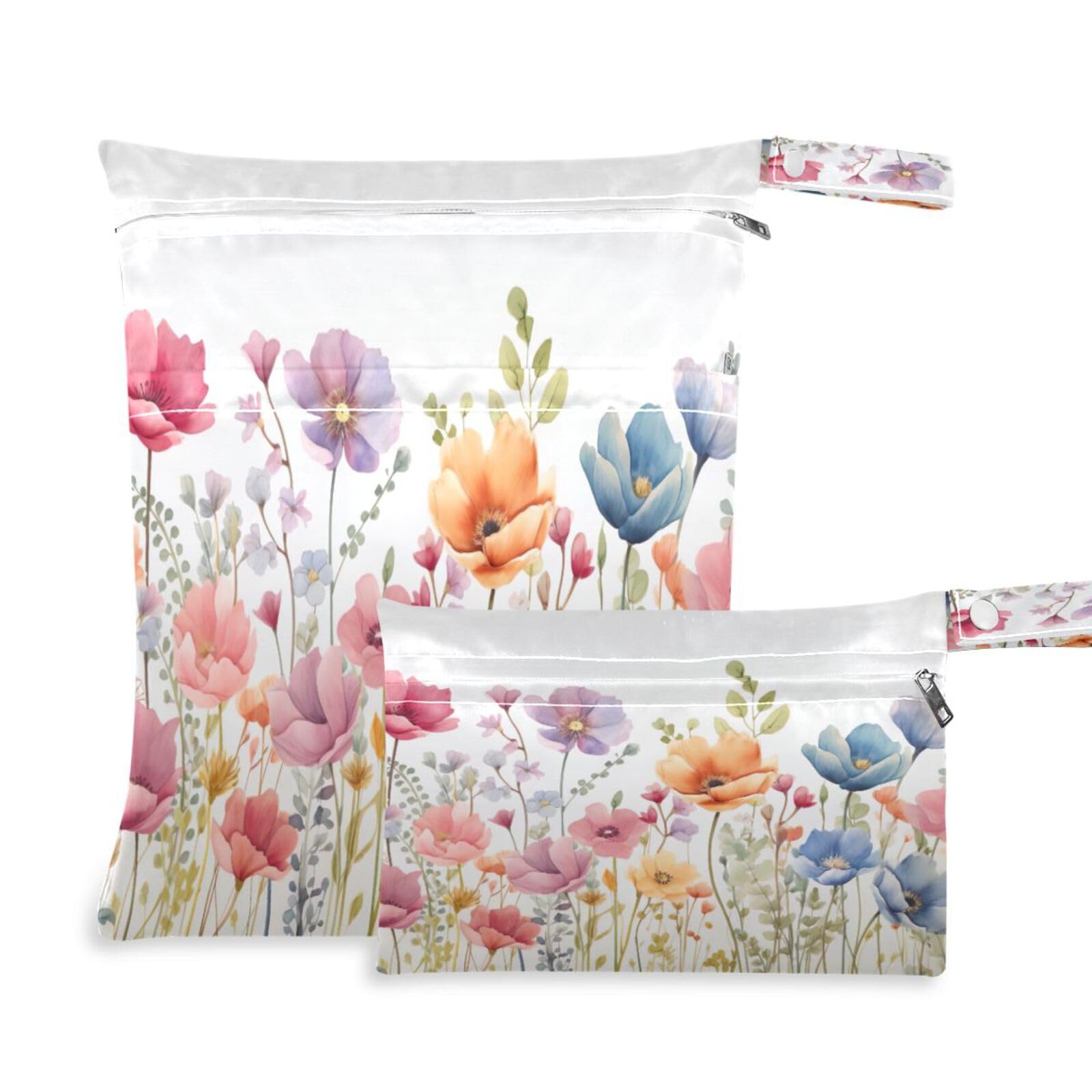 ATTX Colorful Flowers Wet Dry Bags 2-Pack - Reusable Cloth Diaper Storage for Travel, Beach & Gym | Multi-Use Waterproof Bags for Swimsuits, Baby Clothes, Sports Gear#42