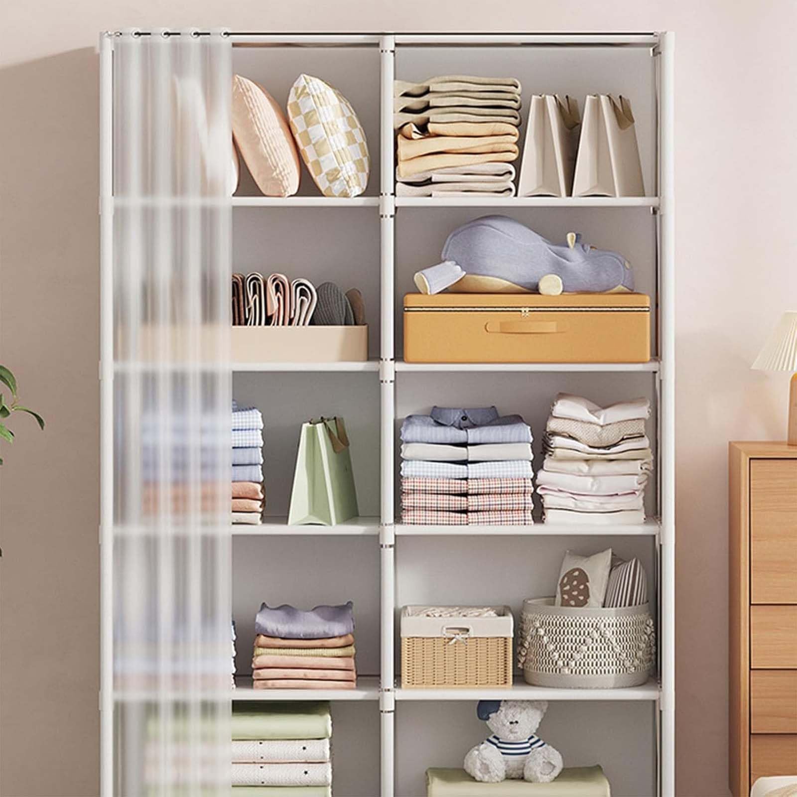 Generico Armadio in Stoffa Guardaroba Portatile Organizzatore per Guardaroba con Rivestimento in Tessuto Non Tessuto Armadio Portatile con Ripiani per Camera da Letto,B,155 * 28 * 40cm