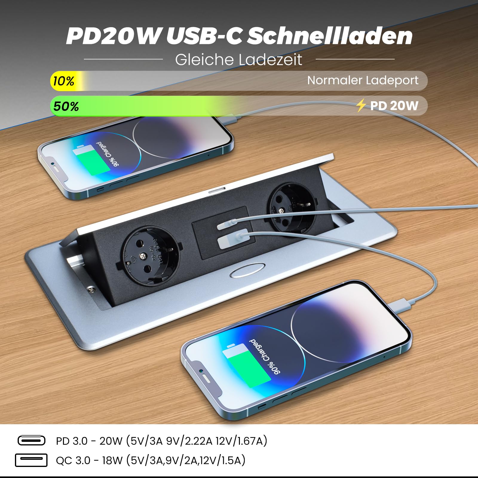 Prise encastrable escamotable avec fonction de charge rapide PD20W USB-C, prise de table pour bureau, plan de travail de cuisine, argent