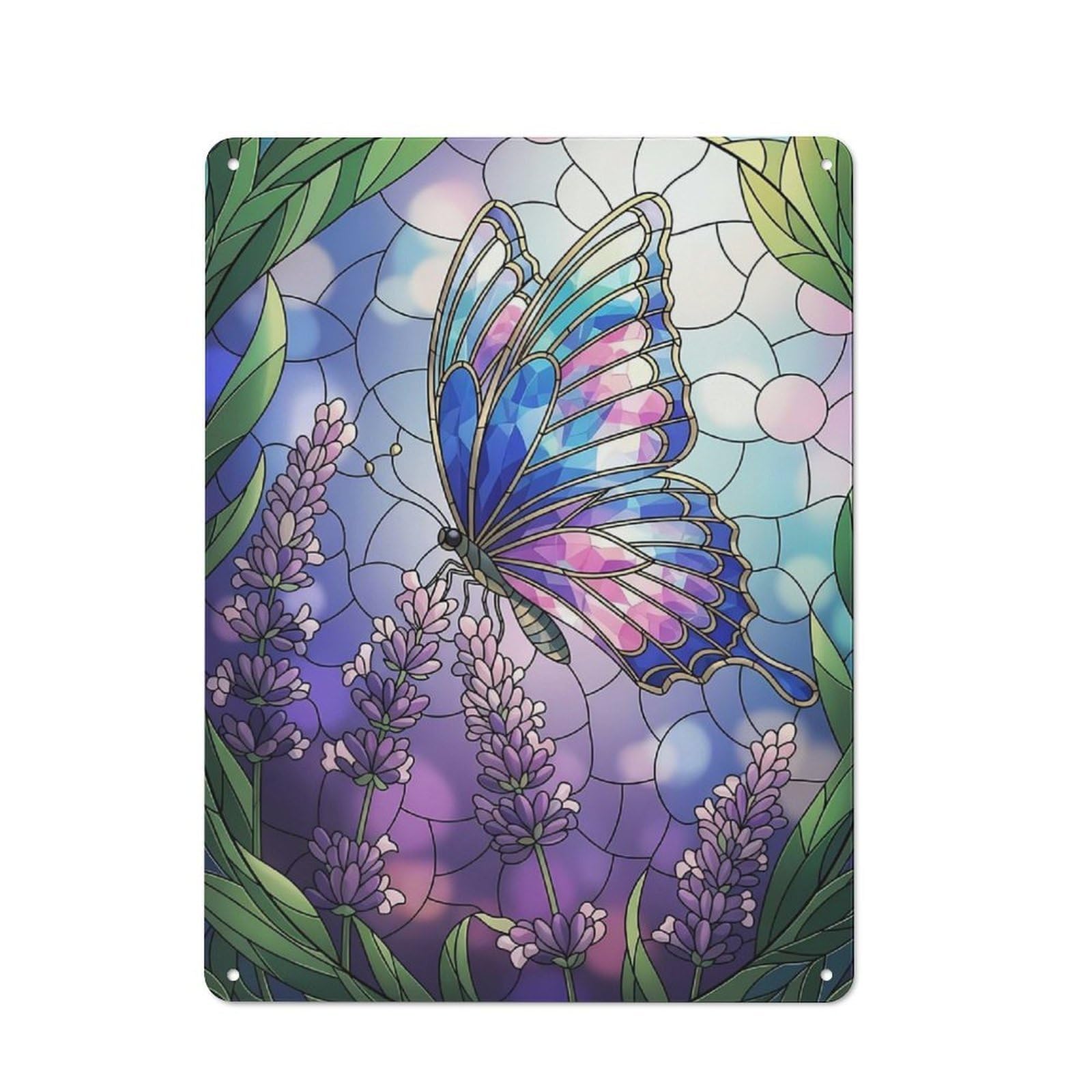 Junmoney Style-18 Retro Metal Plaque 40X30cm Featuring Butterfly And Lavender Stained Glass Art For Workshop Wall, For Metal Sign Collectors, For Garage And Workshop Walls