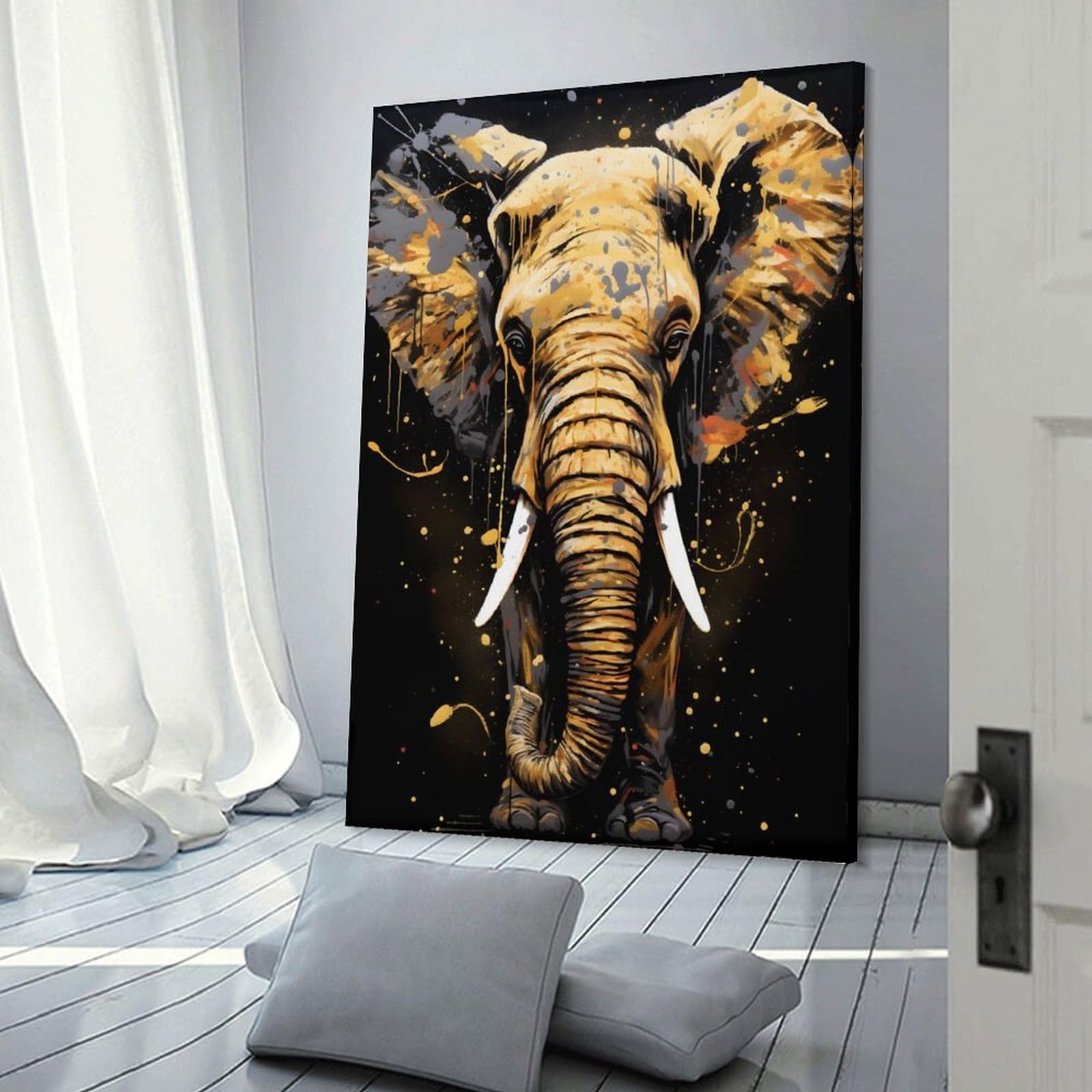 Junmoney Elephant Golden Splatter Wall Decor Canvas Print, 24x36inch(60x90cm), for Wall Displays, Bedrooms Or Room Updates, Wall Decor Suited to Curated Displays