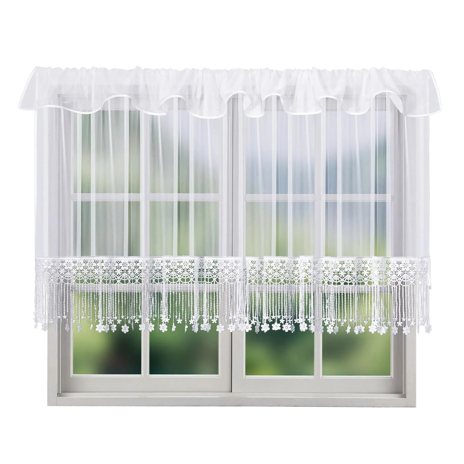 LNNXSZ Short Curtains Sheer Curtain With Embroidery And Tassel Border Semi-Transparent Breathable Window Drapes For Kitchen(W200xH120cm 1pc)
