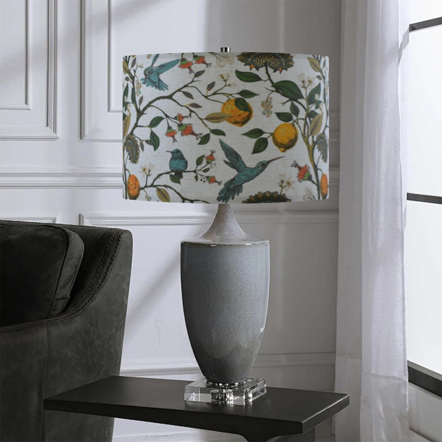 large lamp shades set of 2 .Flax Plant Pattern Drum floor lamp shade replacement，table lamp shade,flower lamp shade.Spider Fitter13 "Top x 13" Bottom x 10 "High,Need To Assemble