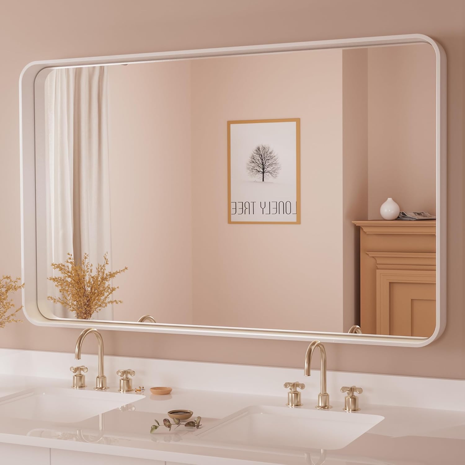 TETOTE 42 x 26 White Mirror for Bathroom Metal Frame Wall Mounted Rectangle Mirror for Vanity with Sandy Textured Surface(Horizontal/Vertical) 42x26 White