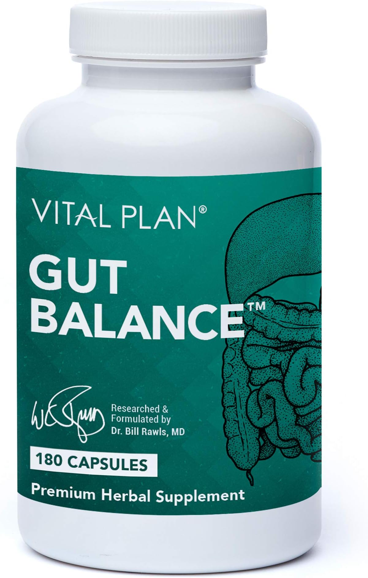 Vital Plan Gut Balance Supplement by Dr. Bill Rawls - Advanced Digestive Health Support Formula w/Clinical-Grade Slippery Elm Bark, Berberine & Dandelion Extract for Women & Men (180 Capsules)